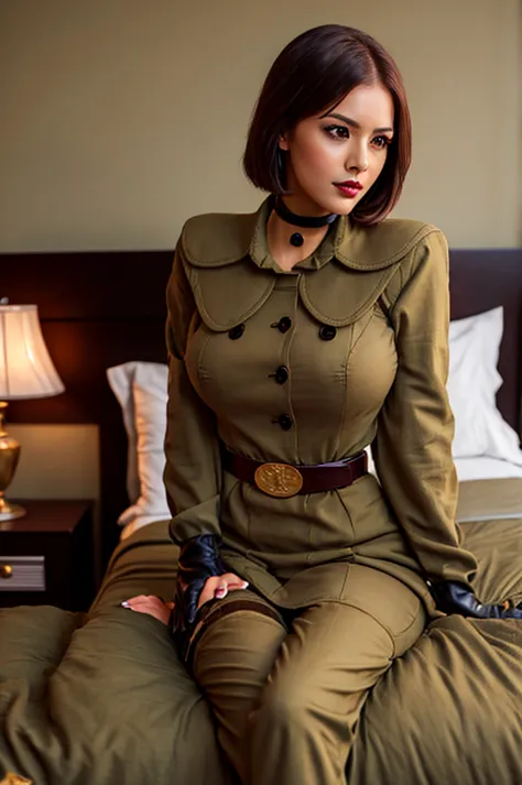 Beautiful woman, military uniform, solo, beautiful, detailed, realistic, large breasts, Brown eyes, makeup, lipstick, sexy, serious face, perfect, perfect body, belt, Long gloves, short Brown hair, choker, military acampment, half body, sexy body, long end...