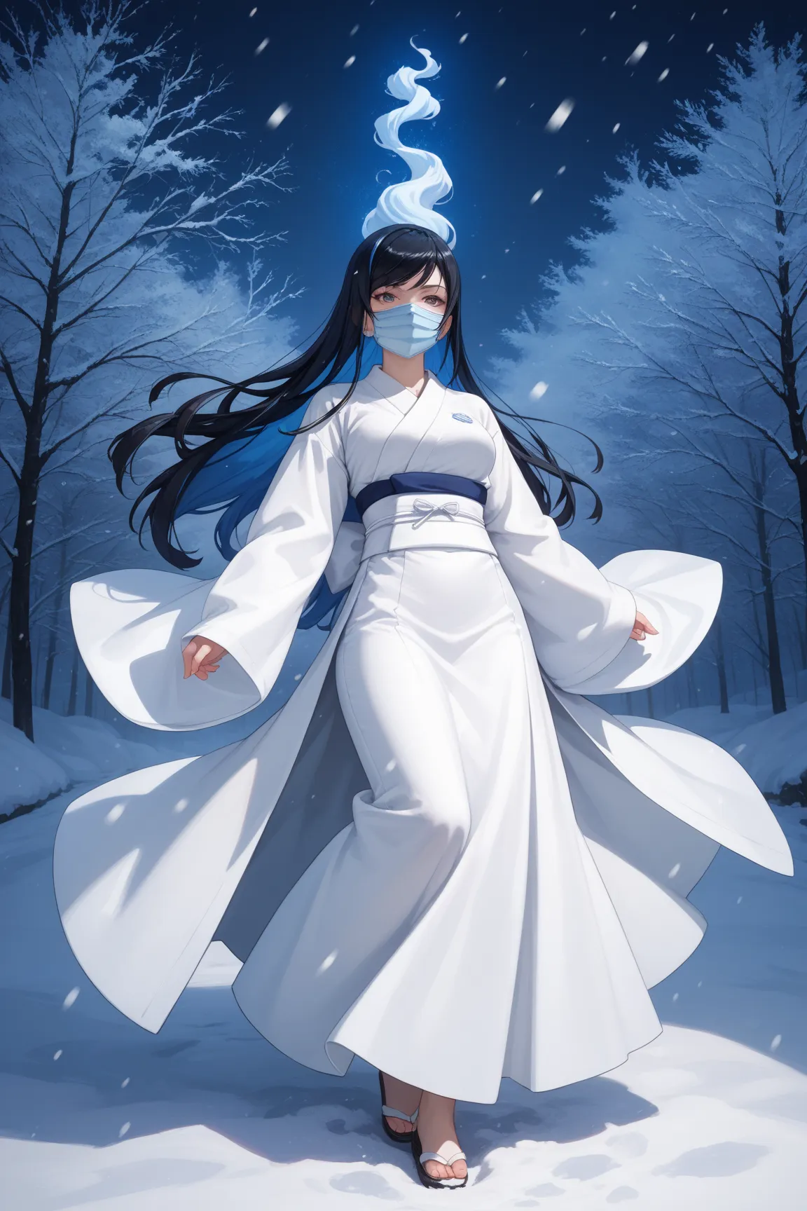  yuki onna, mask covered face, white and blue mask, black hair,  multicolored hair, long hair, medium breasts, white kimono, long skirt, long sleeves, sleeves past wrists, standing, sleeves past fingers , overly long sleeves, full body, wide open loose sle...