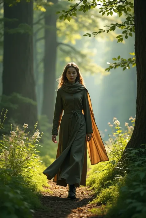 A Russian woman walking in the forest
