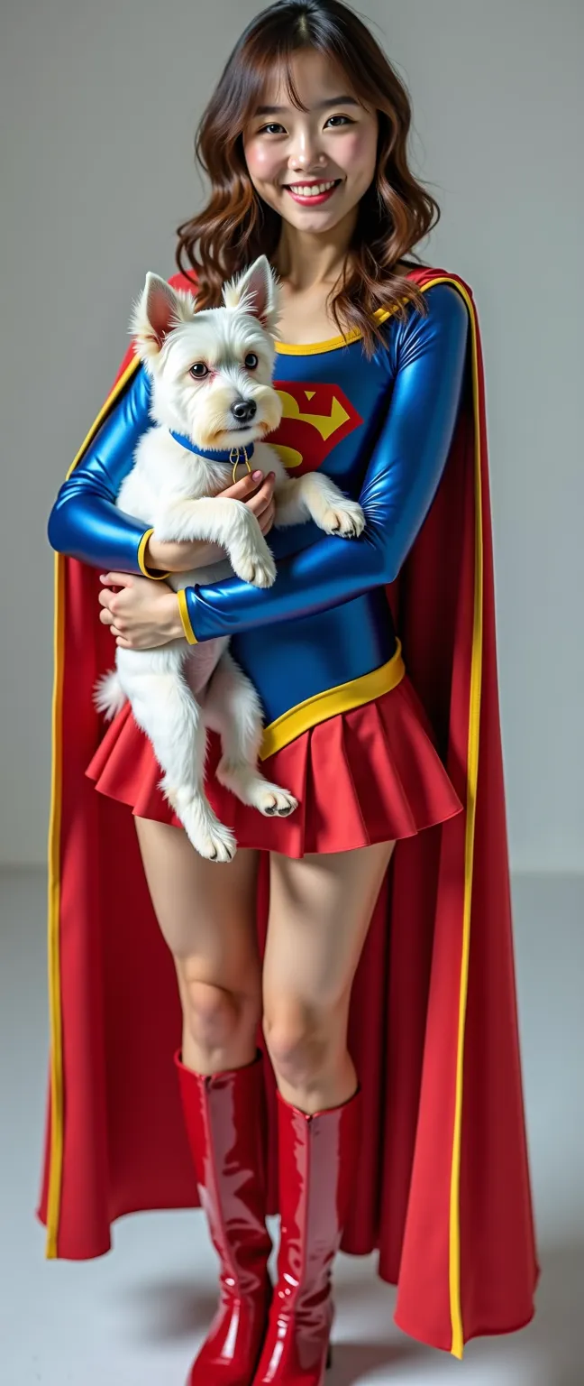 depicts as directed
Full body image of a cute Japanese woman in her 20s 、  charming blue eyes 　crispy medium brown hair and yellow border  =TOP SUPERGIRL COSTUME,     A shiny blue leotard with long sleeves that reaches the shoulders  、   Depict a cute youn...