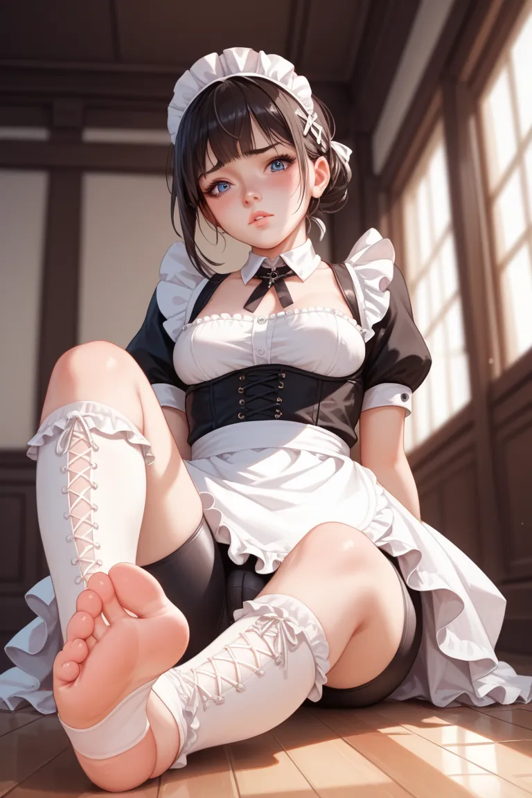 1 girl, maid, sitting, frilled socks, from below, soles, embarrassed, bike shorts, pouty lips, toeless legwear, cross-laced legwear, masterpiece, best quality, uncensored