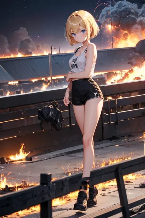 during night、Explosions and flames at an airbase、fence、Building exploding in flames、Show your ass and turn around、cute blonde girl、cute  face、elegant sleek smooth body、full body Esbian、Short bob hair、a blond、blue eye rack tank top、sexy black shorts、Wearing...