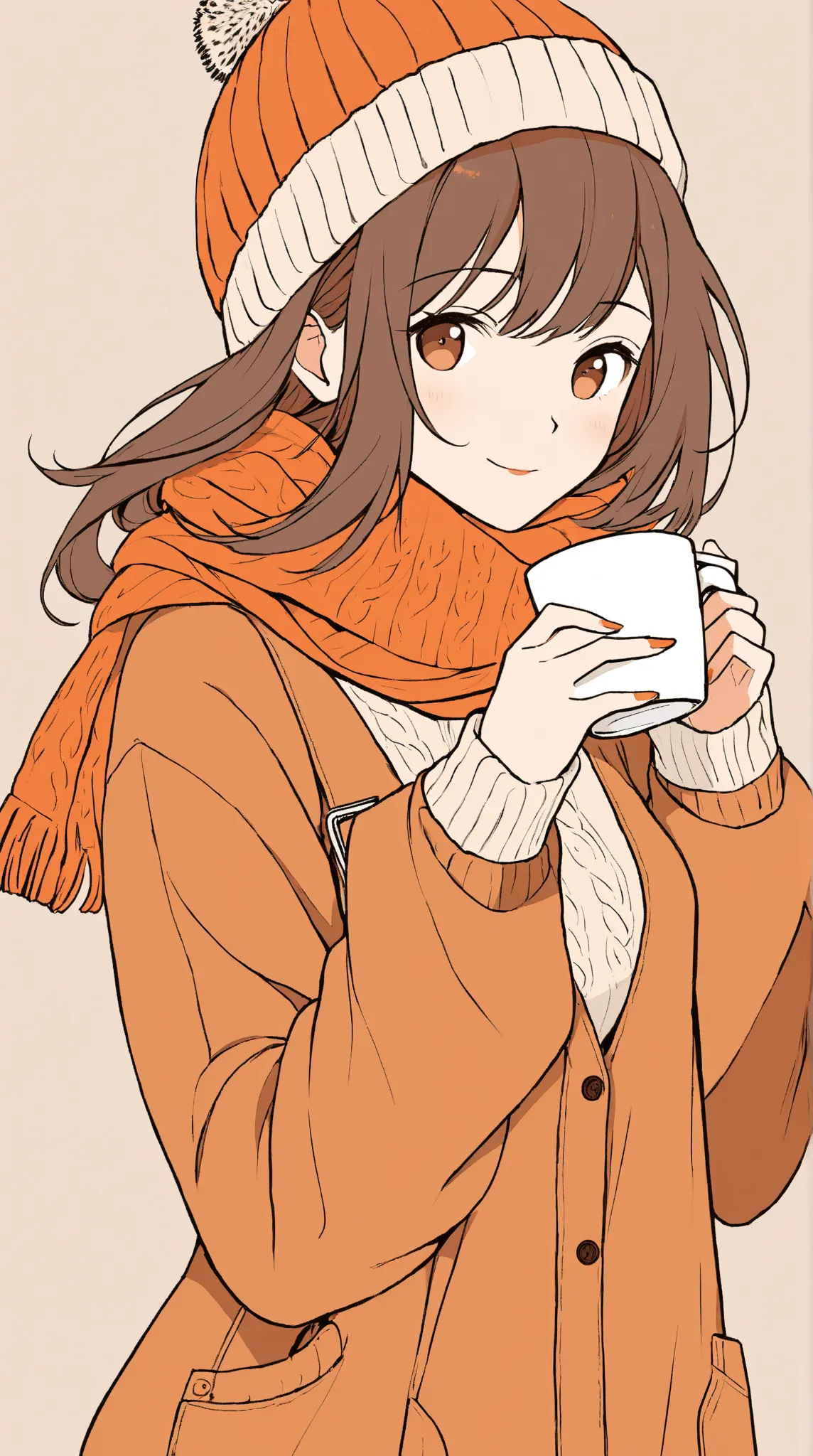 "Minimalist line-art illustration of a woman enjoying a hot drink"

Style: Simple and stylish line-art illustration

Character: A woman holding and enjoying a hot drink (coffee or tea)

Clothing: Wearing a scarf and a knit hat to emphasize a cozy winter fe...