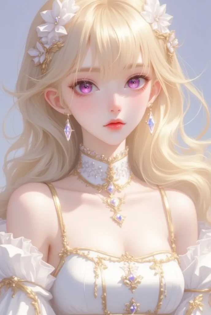 1 girl, gold hair, ponytail, bangs, purple eyes, wearing white and gold strap clothes, absurdres, hightres, ultra sharp, 8k, masterpiece, looking at viewer, anime, face front towards viewer, fantasy background, no earrings