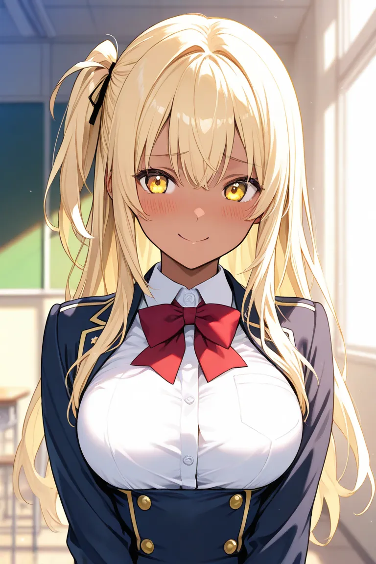 dark skin girl,blond long hair,yellow eyes,school, uniform,upper body bust shot, smile,shy, one side up