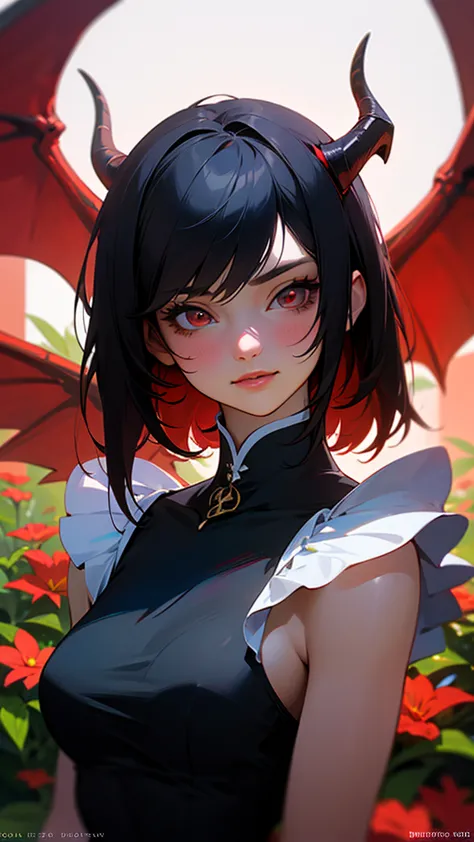 A girl, alone, black hair short with red tips, big breast, smile, blush, red eyes, with a black dress, With demon horns and red demon wings, anime style