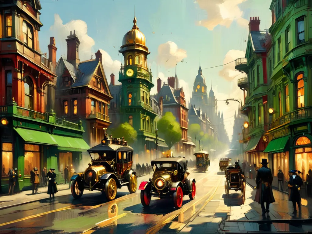 view of a Victorian style city, streets, houses, buildings shining in the sun, city with steampunk style vehicles, golden, with green and red details, colored tires, convertibles, on a long avenue lined with houses