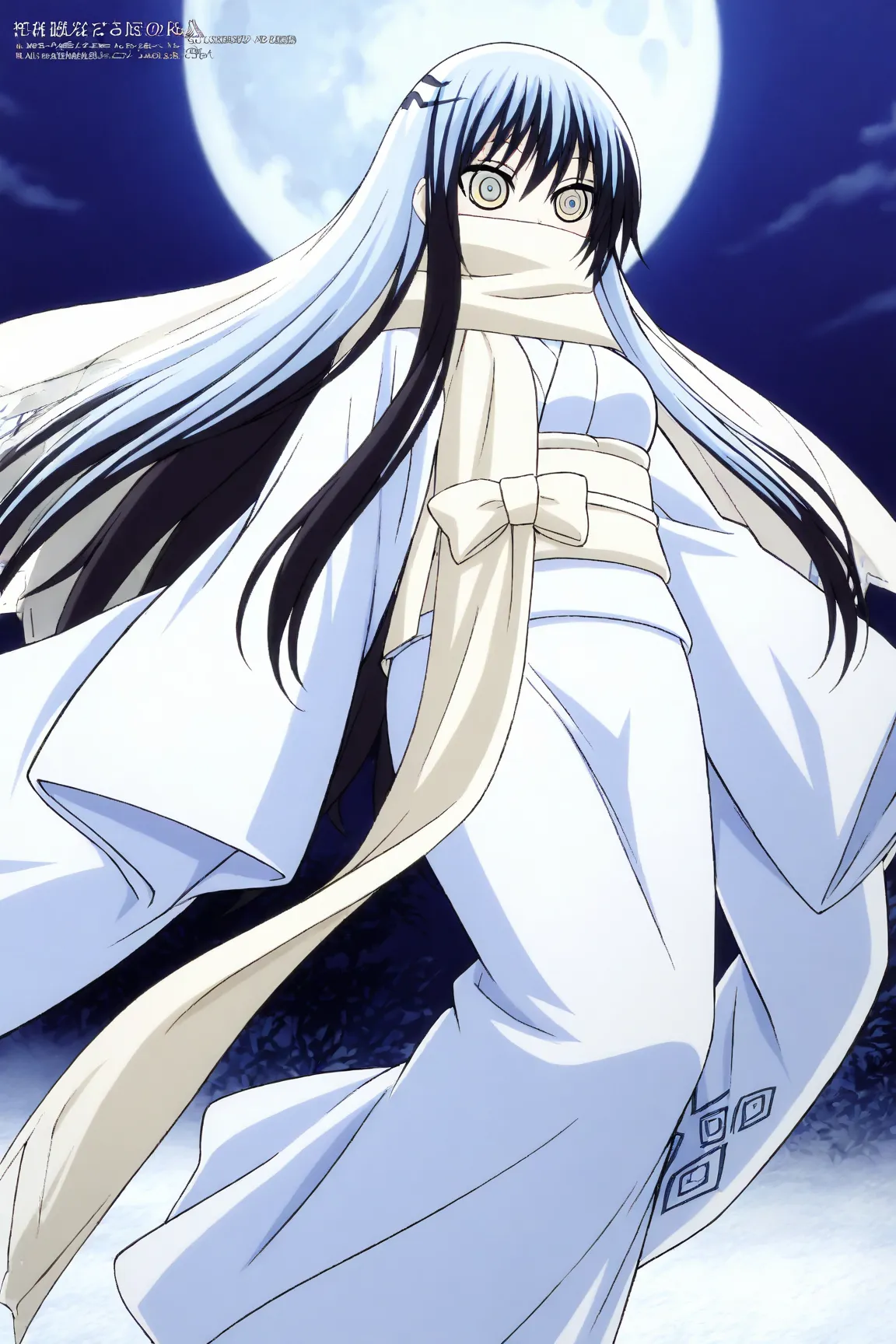  yuki onna, light blue eyes, black hair, veil covered face, multicolored hair, long hair, medium breasts, white kimono, long skirt, long sleeves, sleeves past wrists, night, moon, floating, flying, sleeves past fingers , overly long sleeves, wide open loos...