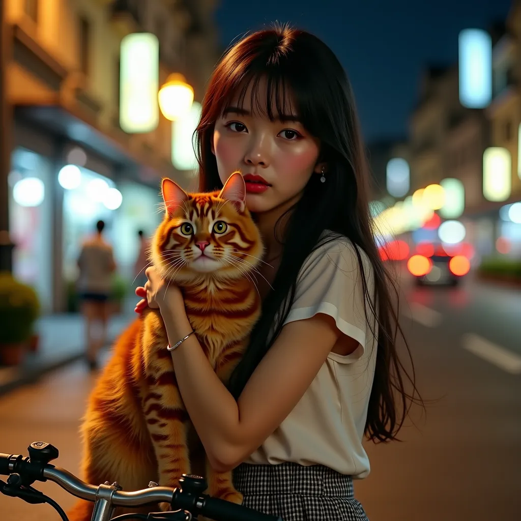 beauty age girl with a  British Shorthair Cat, night city scene.  beauty East-Asian female, 18-19 years old, dark brown long hair and bangs,  leans casually against a bicycle,  wearing a white cropped tank top with a graphic design on it, and a plaid mini ...