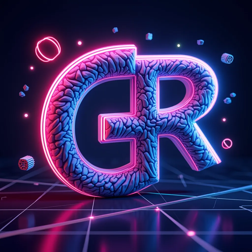 A retro-futuristic gaming logo featuring the initials 'GR' in ultra-detailed 3D, with a gradient (blue to pink) and glowing neon accents. The 'G' incorporates a classic joystick design, while the 'R' has a futuristic edge with a digital glitch effect. Surr...