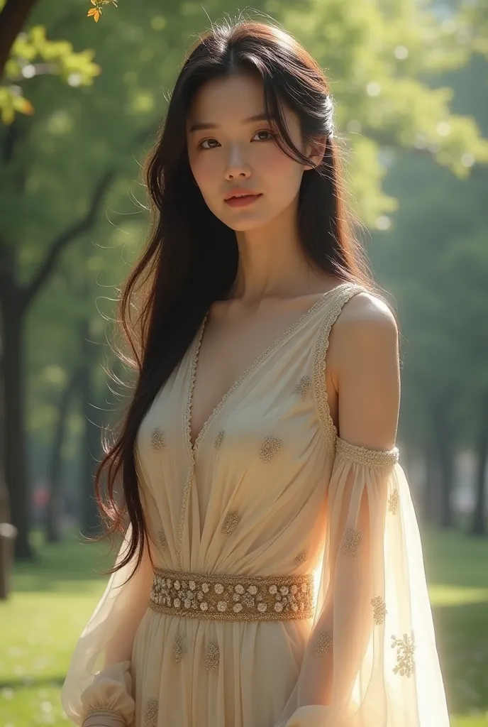 An Asian ager with a gorgeous outfit 1 girl, Breasts,  long hair, Pretty body standing in a park Closed Mouth, 