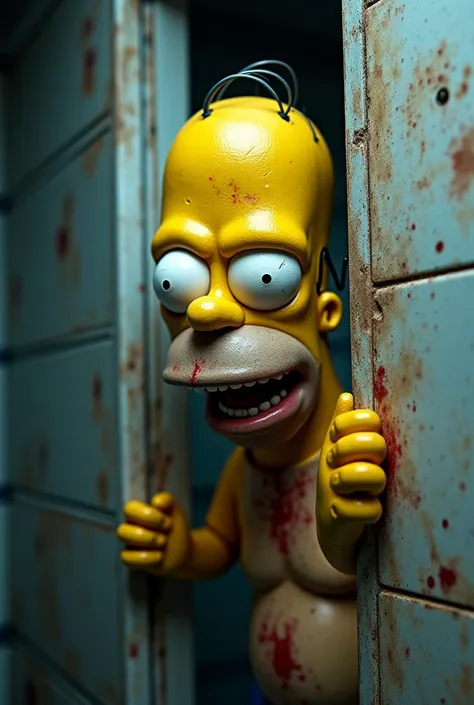 "A horror version of Homer Simpson, with pale and sickly skin, without the traditional yellow color, but retaining iconic features such as his shape of two-day head and beard. He peeks out from behind an old and broken bathroom curtain,  with exorbitant ey...