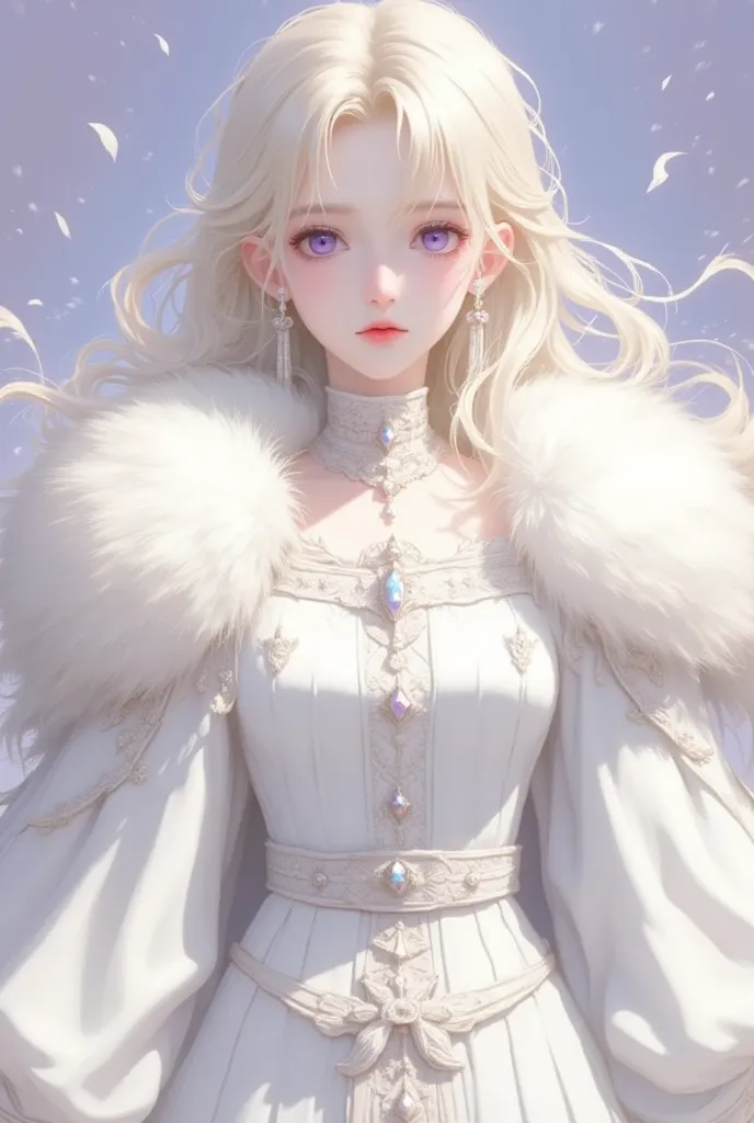 1 girl, straight blond hair, purple eyes, barbarian, wearing white barbarian style clothes with fur hood, absurdres, hightres, ultra sharp, 8k, masterpiece, looking at viewer, anime, face front towards viewer, fantasy background, no earrings