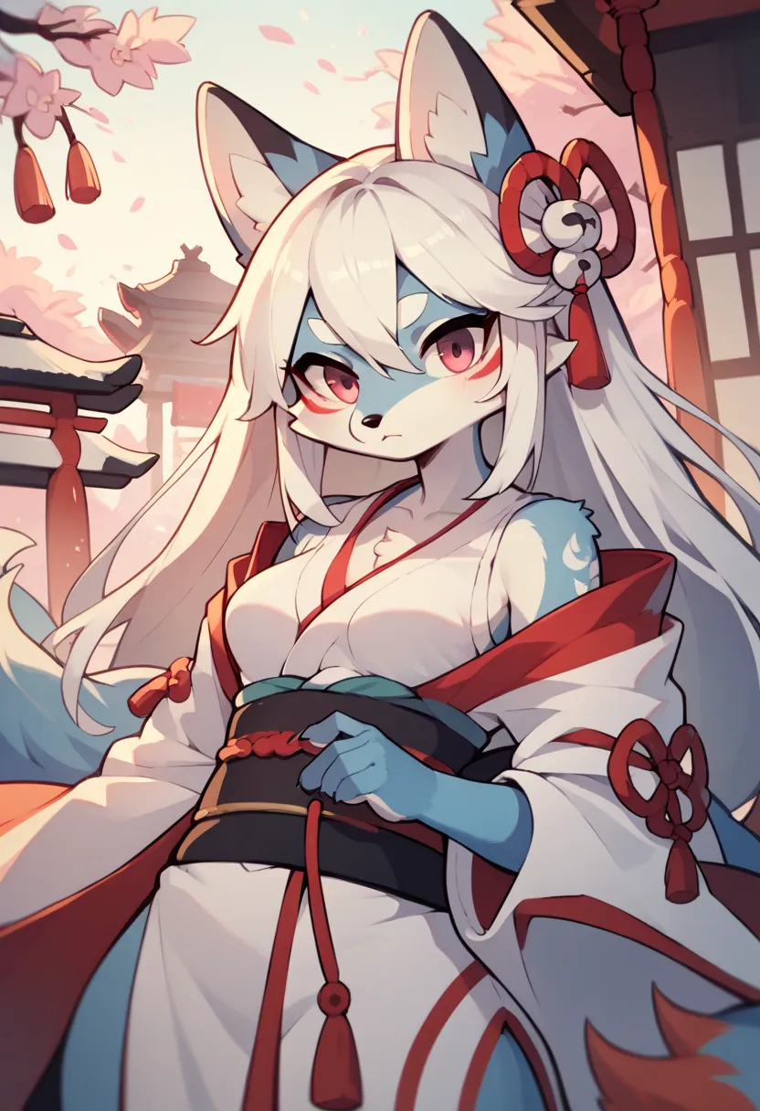 1girl furry,fox, white hair, white fur, long hair,wearing a kimono , medium breasts, in a temple 