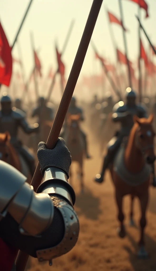 "A realistic, HD image from a first-person perspective, showing a knight’s armored hands gripping a wooden lance while riding into battle. His fingers feel the vibration of the galloping warhorse beneath him. The enemy line is rapidly approaching, their sp...