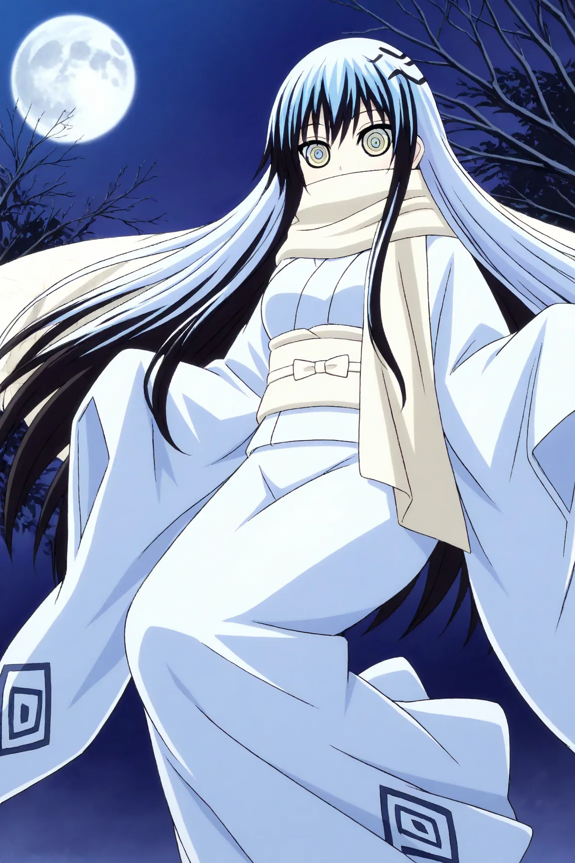  yuki onna, light blue eyes, black hair, veil covered face, multicolored hair, long hair, medium breasts, white kimono, long skirt, long sleeves, sleeves past wrists, night, moon, floating, flying, sleeves past fingers , overly long sleeves, wide open loos...