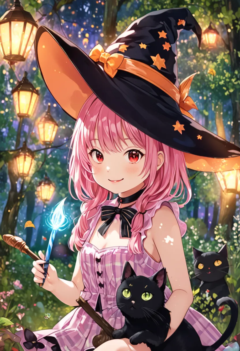 witch loli, mahou shoujo, pink hair, red eyes, lipstick, lollita clothes, witch hat, magic stick, smile, magic forest, fairy light, black cat, summer day. 