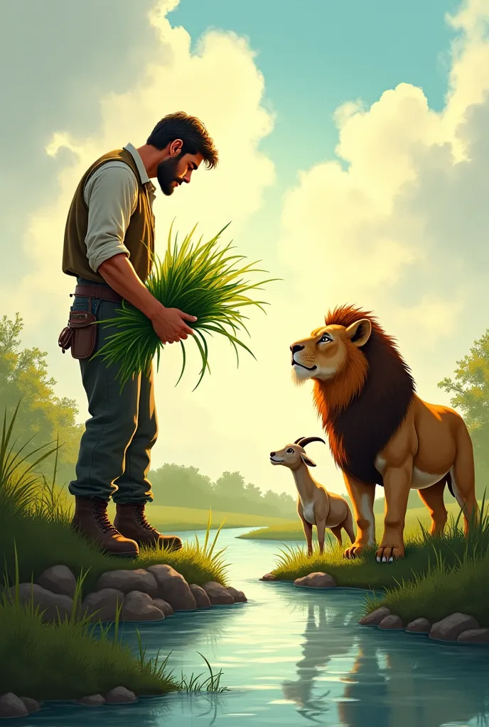 Once upon a time, a farmer stood on the bank of a river with a goat, a bundle of grass and a lion.