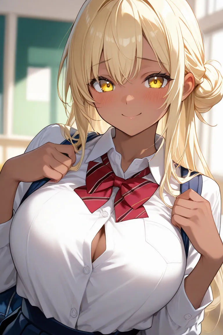 dark skin girl,blond long hair,yellow eyes,school, uniform,upper body bust shot, smile,shy, hair bun