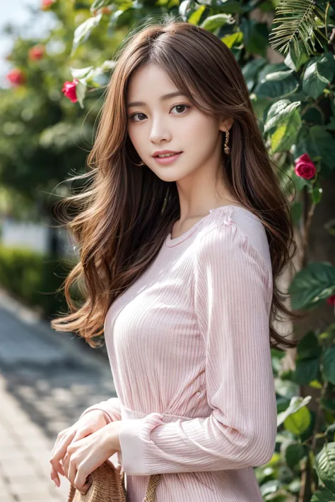 long sleeve pink and white striped dress、An image of a red rose、masterpiece, highest quality, photorealistic, Super Detail, Finely Details, High Resolution,  8k Wallpaper, 1 beautiful woman,  campus, Light Brown Disheveled Hair, perfect dynamic composition...