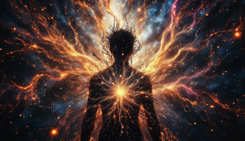 A silhouette of a human figure stands at the center, surrounded by chaotic cosmic fragments. The subject's heart is illuminated, sending out rhythmic lines that suggest deep emotion and introspection. The background features colorful, swirling elements sym...