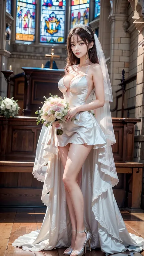 A beautiful young Japanese woman, 26 years old, with healthy thighs, beautiful legs, flawless skin, random hair color and style, large breasts, wearing a (wedding dress:1.3), (she is standing:1.2), full body shot, high heels, holding a bouquet in her hands...