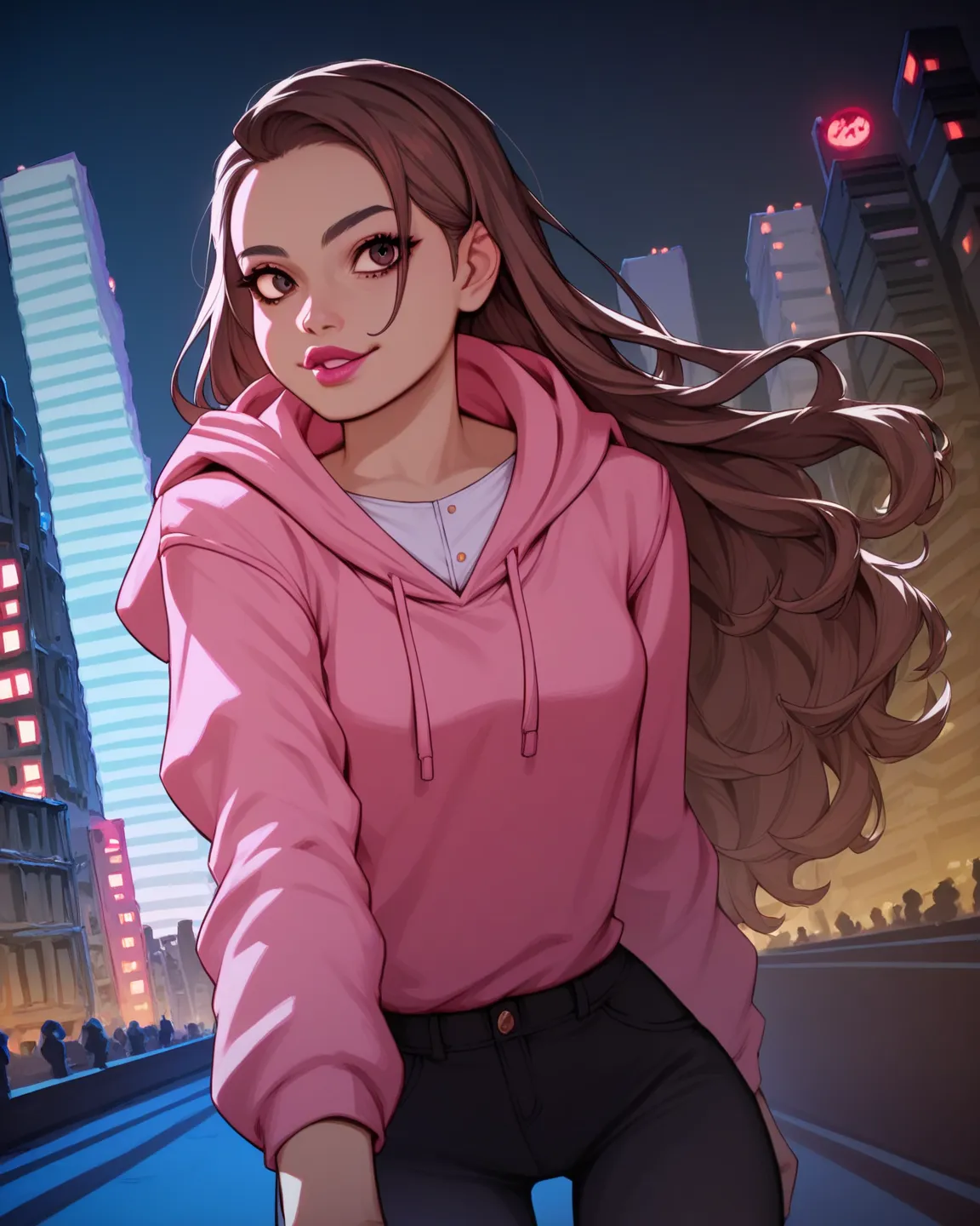 1girl, solo, light tan skin, adult female, human, brown hair, long hair, straight hair, elegant, pretty face, dark brown eyes, pink hoodie, black pants, High Resolution, High Resolution, city at night background, detailed, cell shaded, contrast, posing, li...