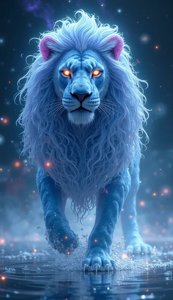 "A colossal celestial lion, its entire body composed of swirling, translucent water infused with glowing cosmic energy. Its mane is immensely long, cascading like an endless waterfall of shimmering liquid stardust, flowing in slow motion as if suspended in...