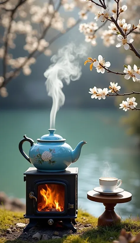 A moment of calm and serenity in the embrace of nature, where the warmth of a fire meets the beauty of spring. In the foreground, the focus is on a small black metal stove, burning with a warm flame, above which stands a sky blue teapot decorated with deli...