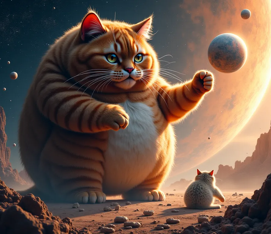 A portrayed image of a planet sized obese cat swiping a planet like it was a ball of yarn. Setting: in space, celestial ambiance 