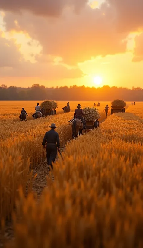 In a vast wheat field, tiny farmers are harvesting golden stalks with sickles. Their clothing reflects a 19th-century rural style, adding to the realism. Some are loading hay onto horse-drawn carts, while others are cutting wheat by hand. The warm glow of ...