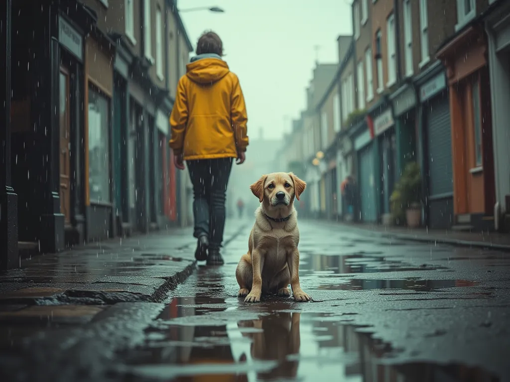 Create a poignant scene of a dog sitting alone on a rainy street in Ireland, with its big, expressive eyes gazing up at a passerby in a yellow jacket. The dog looks lonely and vulnerable, surrounded by puddles reflecting the dim, gray sky. The yellow jacke...