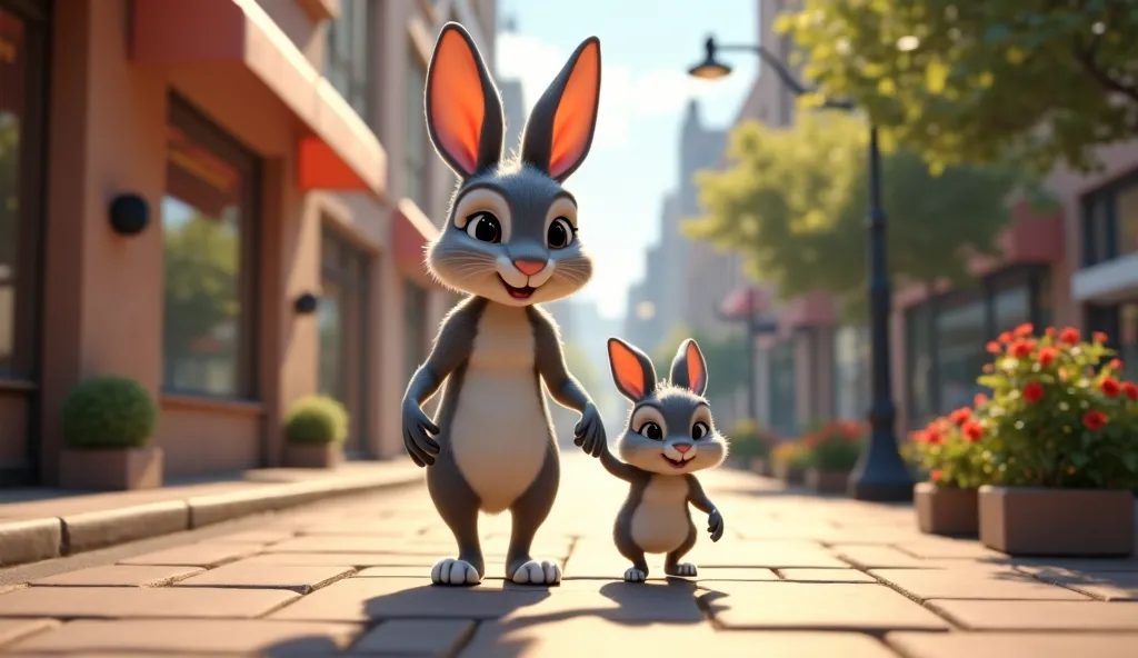 Gray, tall and thin-waisted mother rabbit and her little gray son walk on the street disney graphics 4k apply