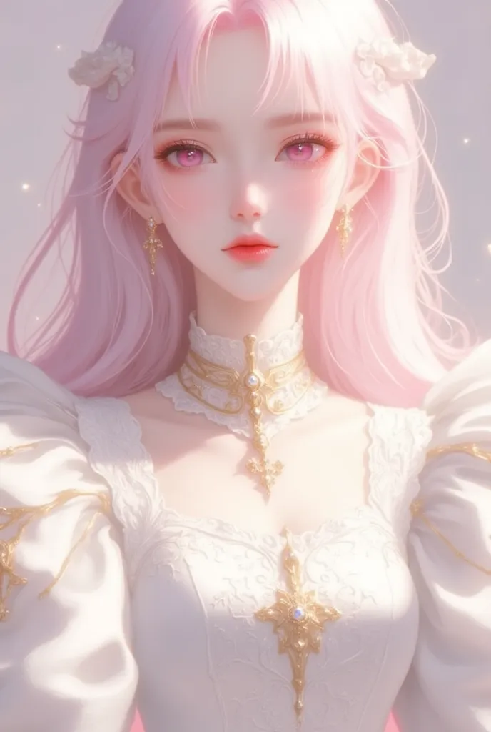 1 girl, straight blond pink hair, pink eyes, wearing white fantasy clothes with gold collar, absurdres, hightres, ultra sharp, 8k, masterpiece, looking at viewer, anime, face front towards viewer, fantasy background, no earrings