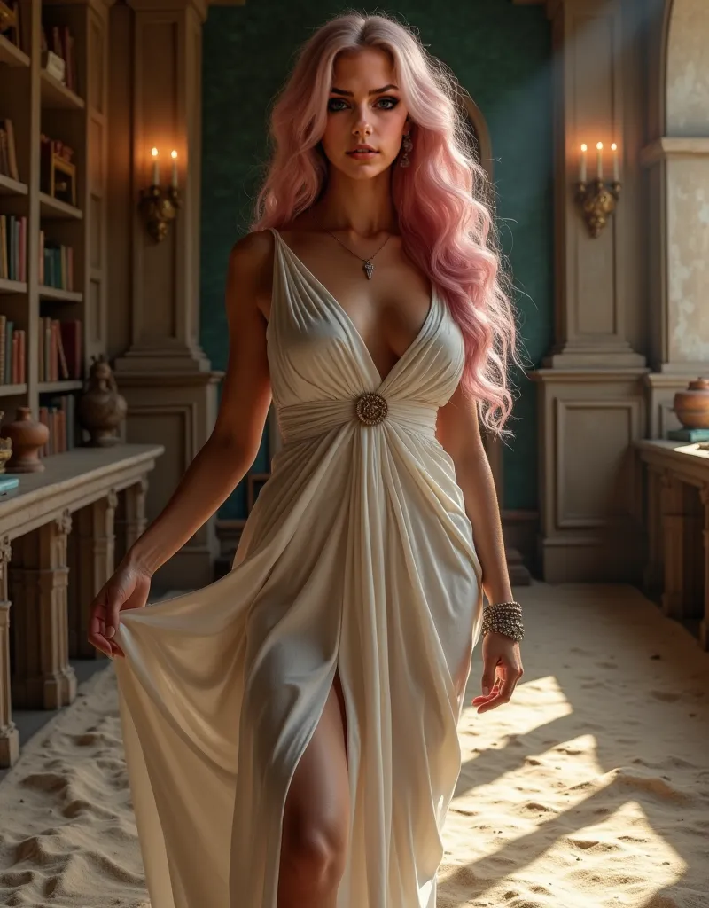 ultra realistic professional full body facing camera  {A stunning, voluptuous ancient mathematician, set in classical Greece. She has , long wavy pink_blue hair, and an alluring yet intellectual presence. Dressed in a loosely draped abd ring, revealing Gre...