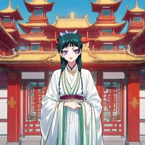 Maomao from kusuriya no hitorigoto, concubine dress, makeup, lipstick, ancient chinese palace garden. Line art masterpiece. 