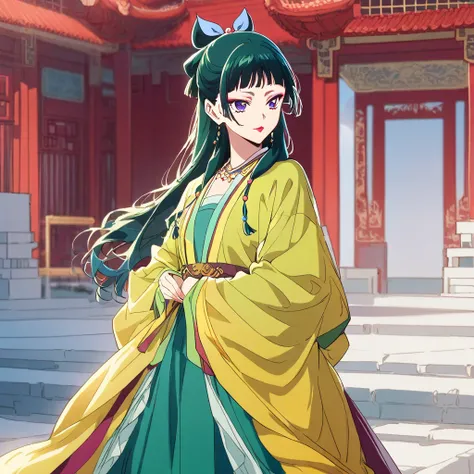 Maomao from kusuriya no hitorigoto, concubine dress, makeup, lipstick, ancient chinese palace garden. Line art masterpiece. 