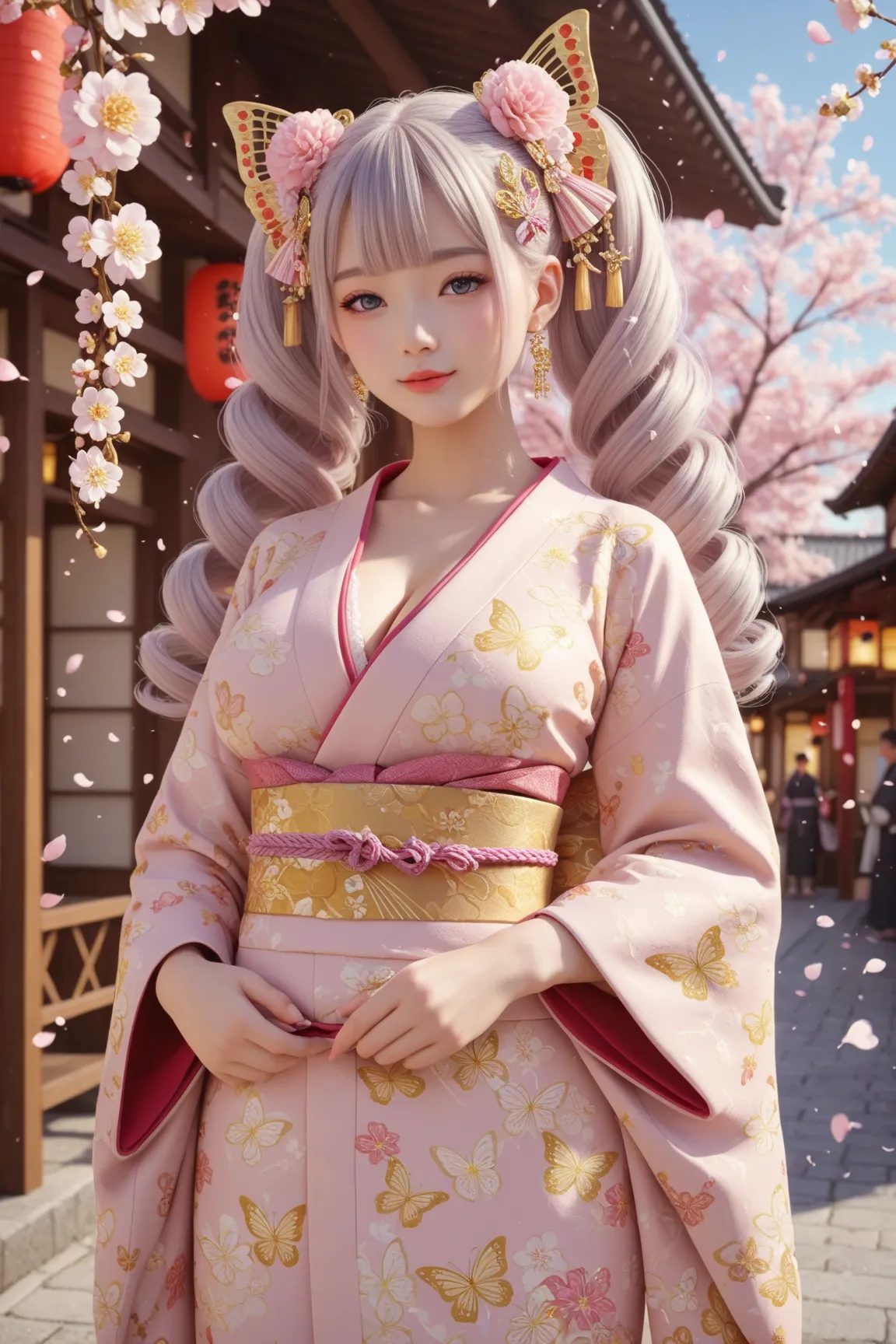 A breathtakingly elegant portrait of a courtesan from the Edo period. She stands in a traditional Japanese town in broad daylight. She is  and adorable, with large breasts ((big breasts: 1,6)), and wears an uchikake embroidered with gold and silver threads...