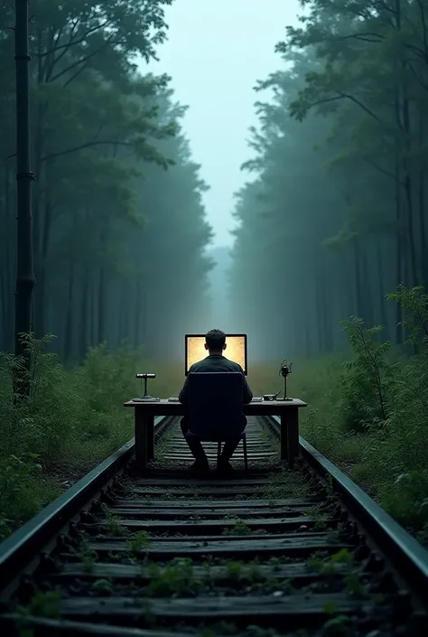 A man with his back with a computer in the middle of a gloomy train track in a forest