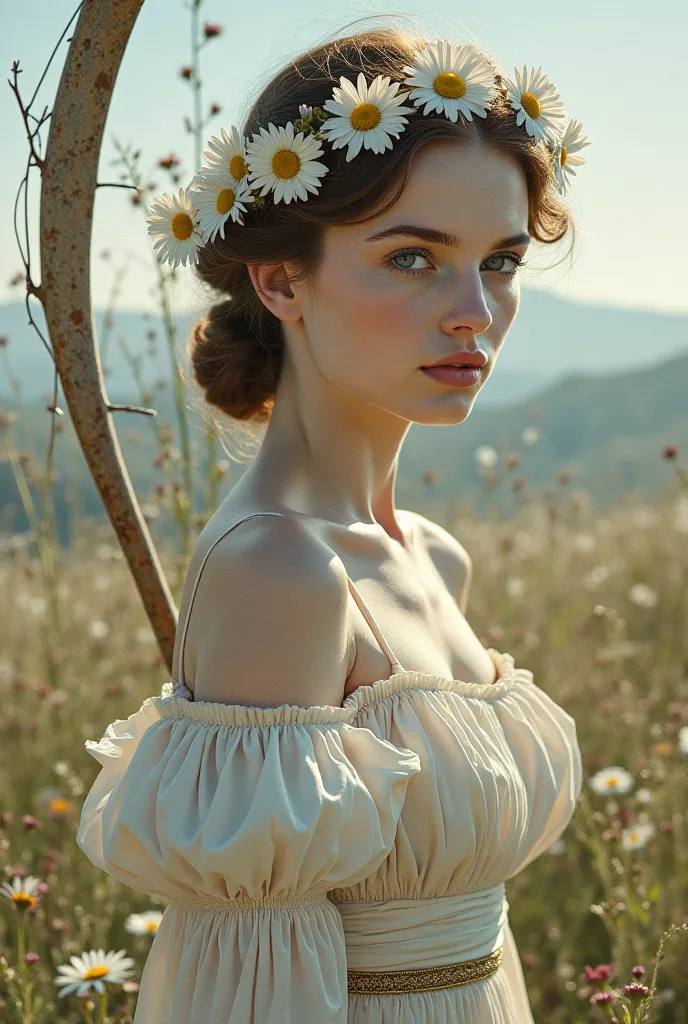 Beautiful woman. Pale skin, gray piercing eyes, long dress. A wreath of daisies on the head.Well, she’s holding a scythe in her hand.  impacting landscape, dynamic engagement, rich textures, modern-classical fusion, varied materials use, pronounced perspec...