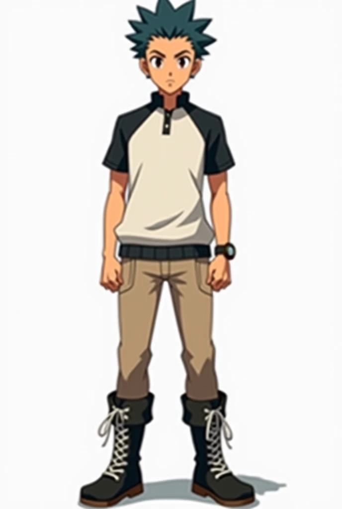  Description :  a 16-year-old boy, of tanned skin, slightly bluish black hair with the simple and tidy Pompadour hairstyle. brown eyes, look of confidence and determination. Short-sleeved polo sweater white on the chest and black on the sleeves and collar....