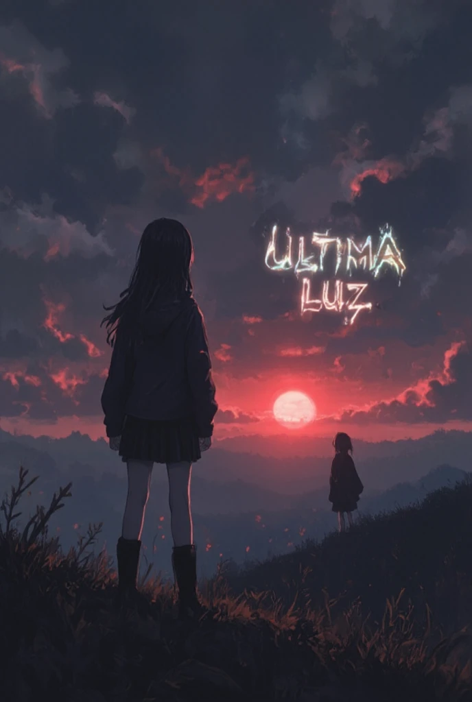 "In the foreground, a full-body emo girl with long black hair, wearing a dark hoodie and black boots, stands on a hill. Her expression is melancholic as she watches the last light on the horizon. Behind her, in the background, another emo girl can be seen,...