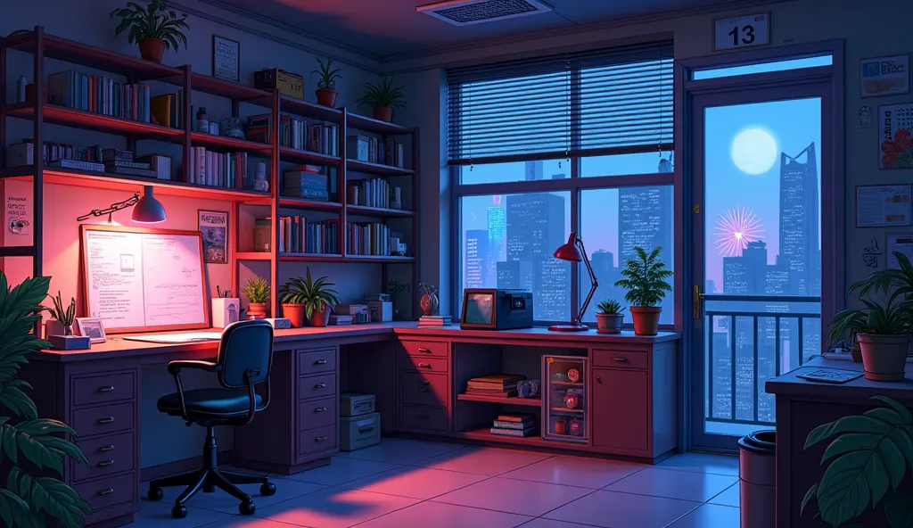  create an anime-style image using neon shades , of a study room with lots of books, writing board and well equipped. LOFI environment, 90s style, cozy and comfortable.