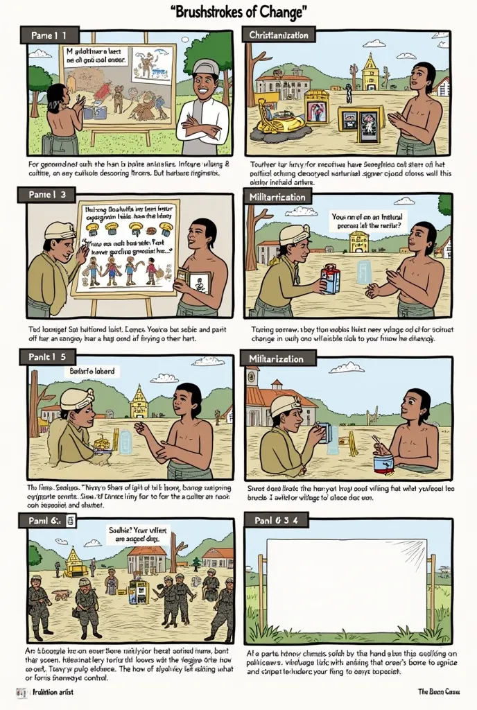 Sure! Here’s a simplified version of the comic strip with clear panel descriptions, making it easier to draw.

Title: “Brushstrokes of Change”

Panel 1: The Traditional Artist
	•	Scene: A traditional artist is painting a cultural mural in a peaceful villag...