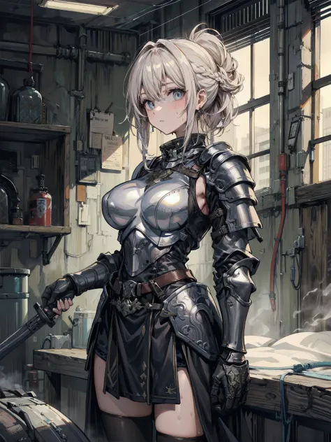 earring, big breasts, narrow waist, short hair, wavy hair, hair behind ear, half updo, black hair, sweat, cowboy shot, looking at viewer, indoor, ((Army dress, Armored Tank)),