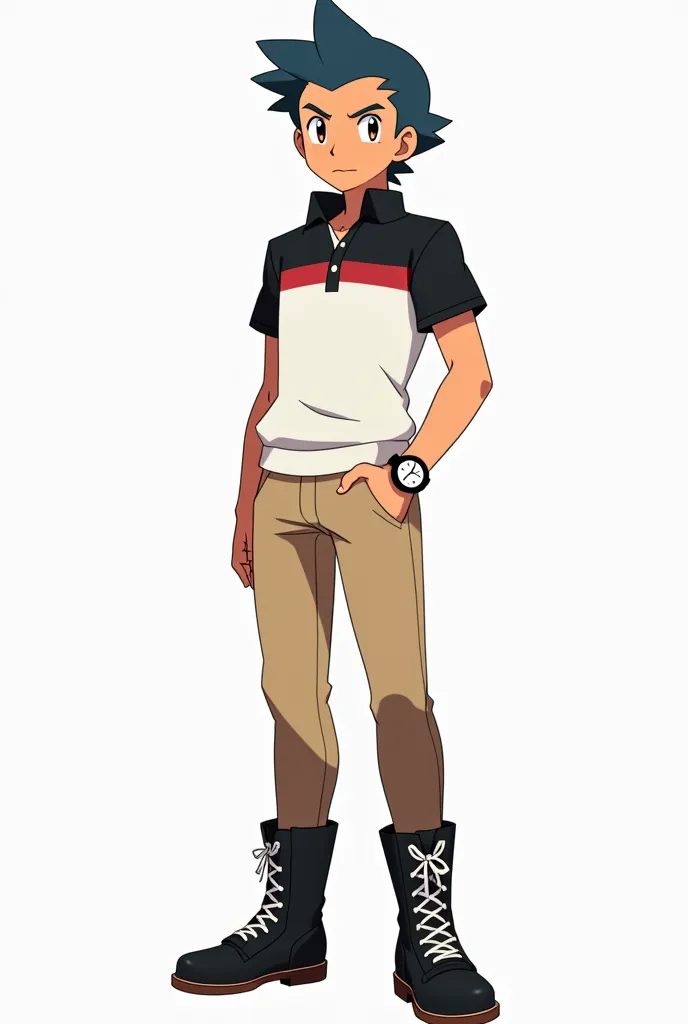  Description :  a 16-year-old boy, of tanned skin, slightly bluish black hair with the simple and neat pompadour hairstyle. brown eyes, look of confidence and determination. Short-sleeved polo sweater white on the chest and black on the sleeves and collar....