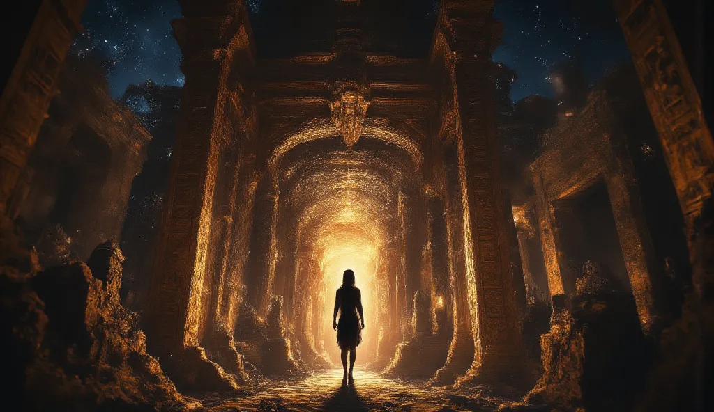 The scene captures a like silhouette stepping into a luminous doorway bordered by Egyptian hieroglyphics, set against a richly detailed backdrop of an ancient city filled with monuments, temples, and structures. The lighting emphasizes the glow of the door...