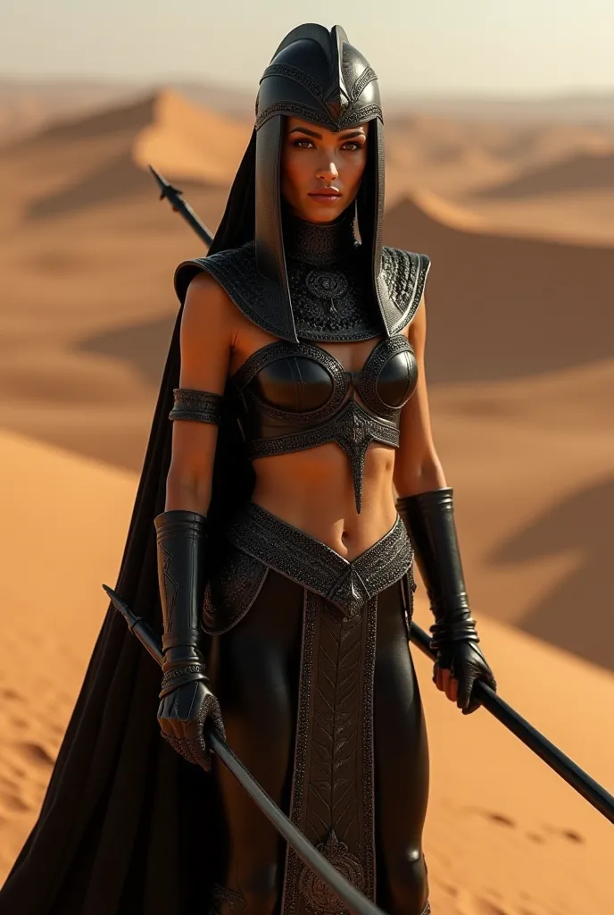 8k, Egyptian female warrior, super beautiful (like the real thing), black chain mail, luxury black pants, big, long black halberd, muscular slim body, black shoulder arm, black cloak, Black leg arm or, masterpiece, black scale mail, Photorealistic RAW phot...