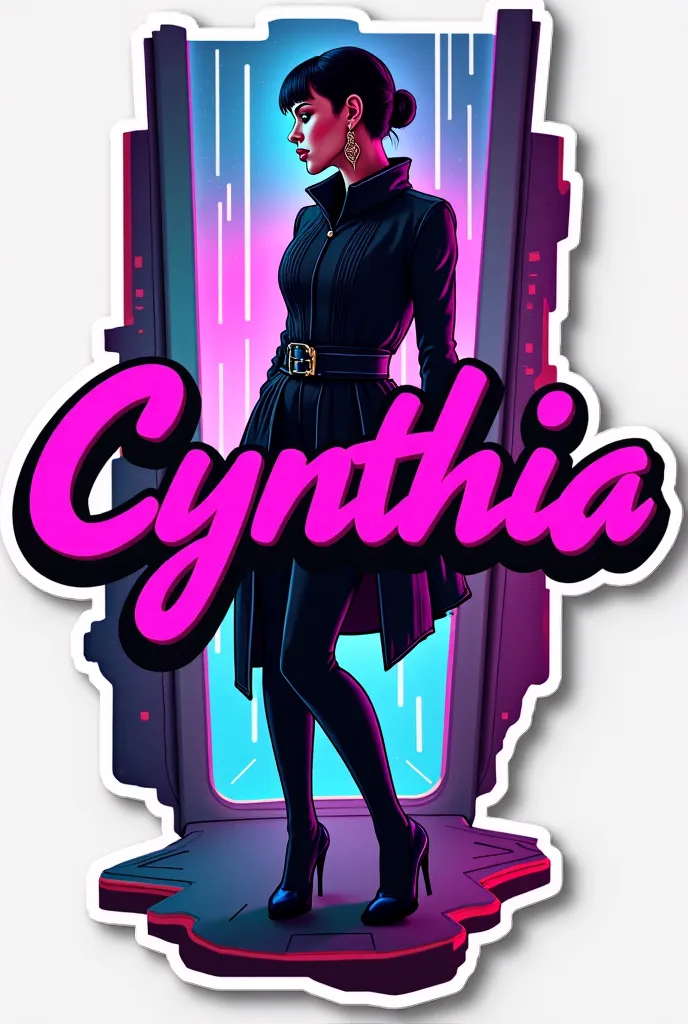 Create a sticker with the pink word Cynthia arranged dynamically, dans un style futuriste et vibrant . With a fashionable woman in the background 