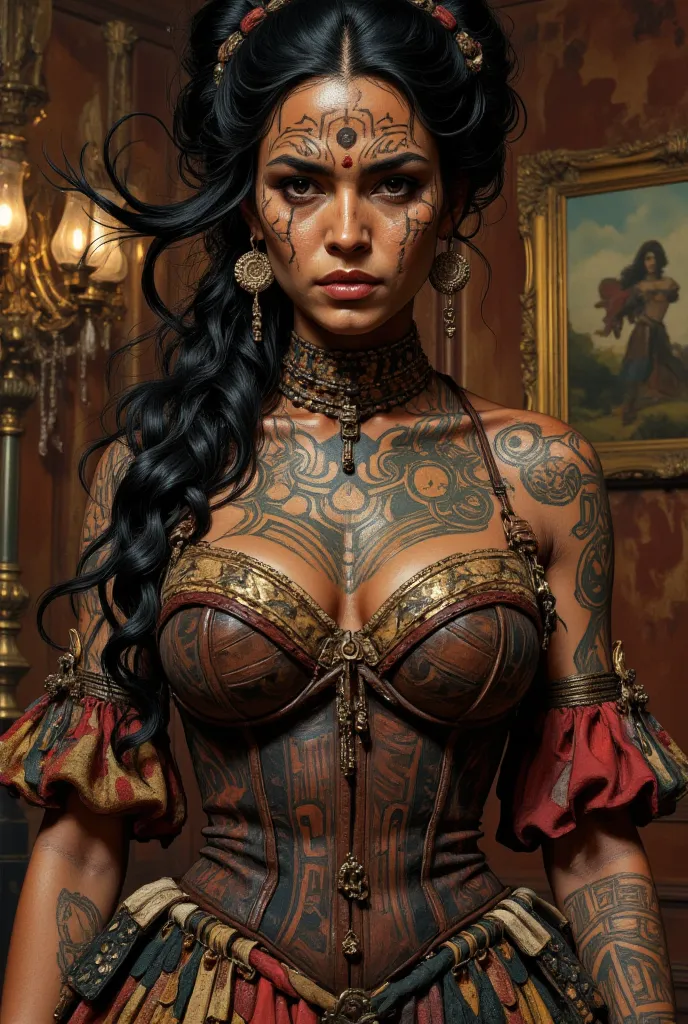 Une femme maori peu vêtue avec des ((tatouages tribaux maoris couvrant une grande partie de son corps, (remontant sur son coup et son menton))). Nez plat large. Cheveux noir tressés. ((Nattes)). Peau foncée. Forte poitrine. Tatouges larges pleins. ((Cheveu...